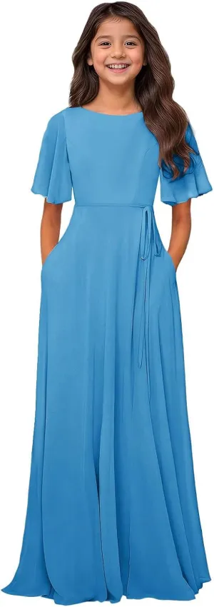 MAGGCIF Chiffon Junior Bridesmaid Dresses with Pockets A-Line Short Sleeve Flower Girl Dresses Party Pageant Gowns