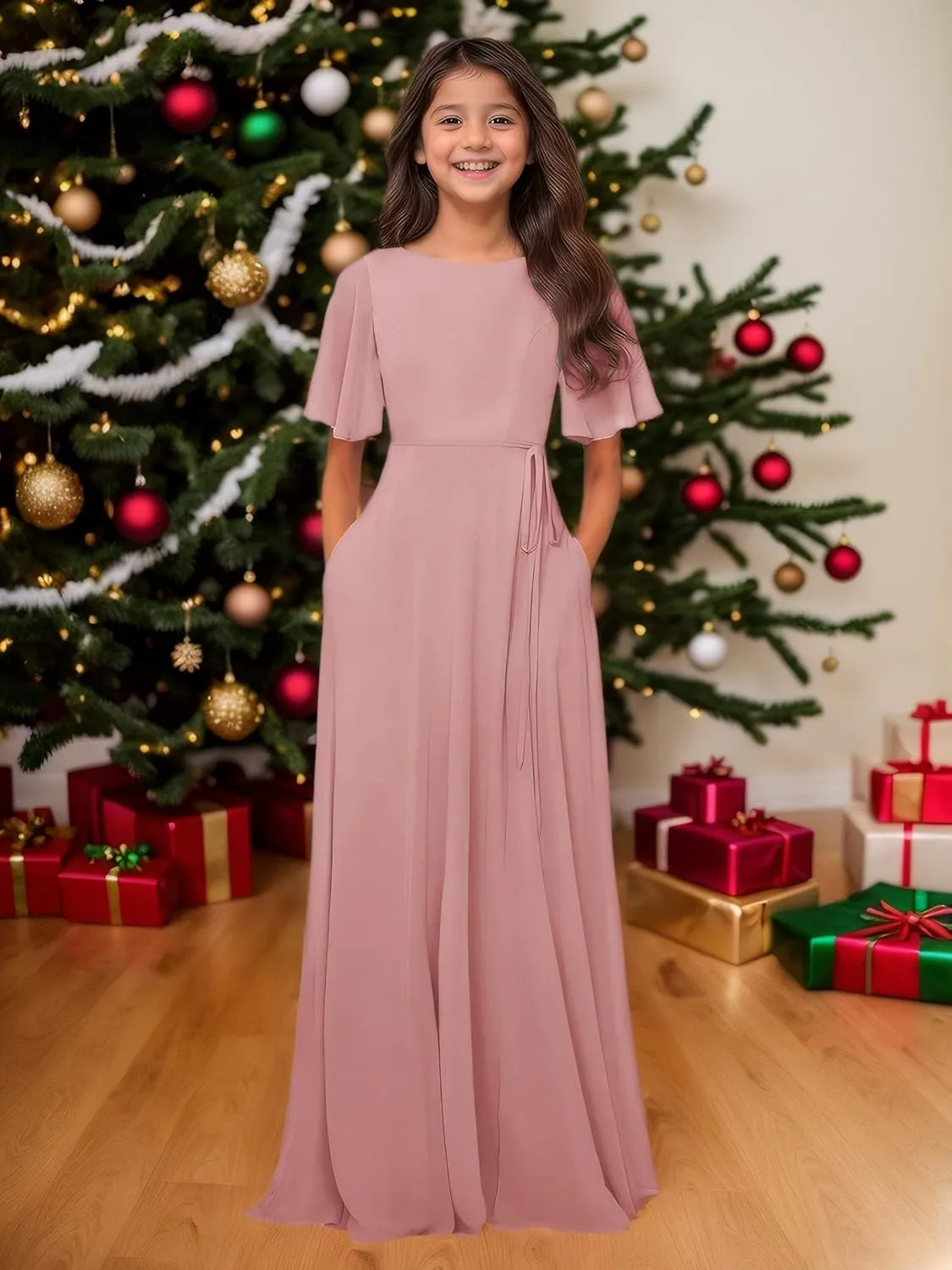 MAGGCIF Chiffon Junior Bridesmaid Dresses with Pockets A-Line Short Sleeve Flower Girl Dresses Party Pageant Gowns