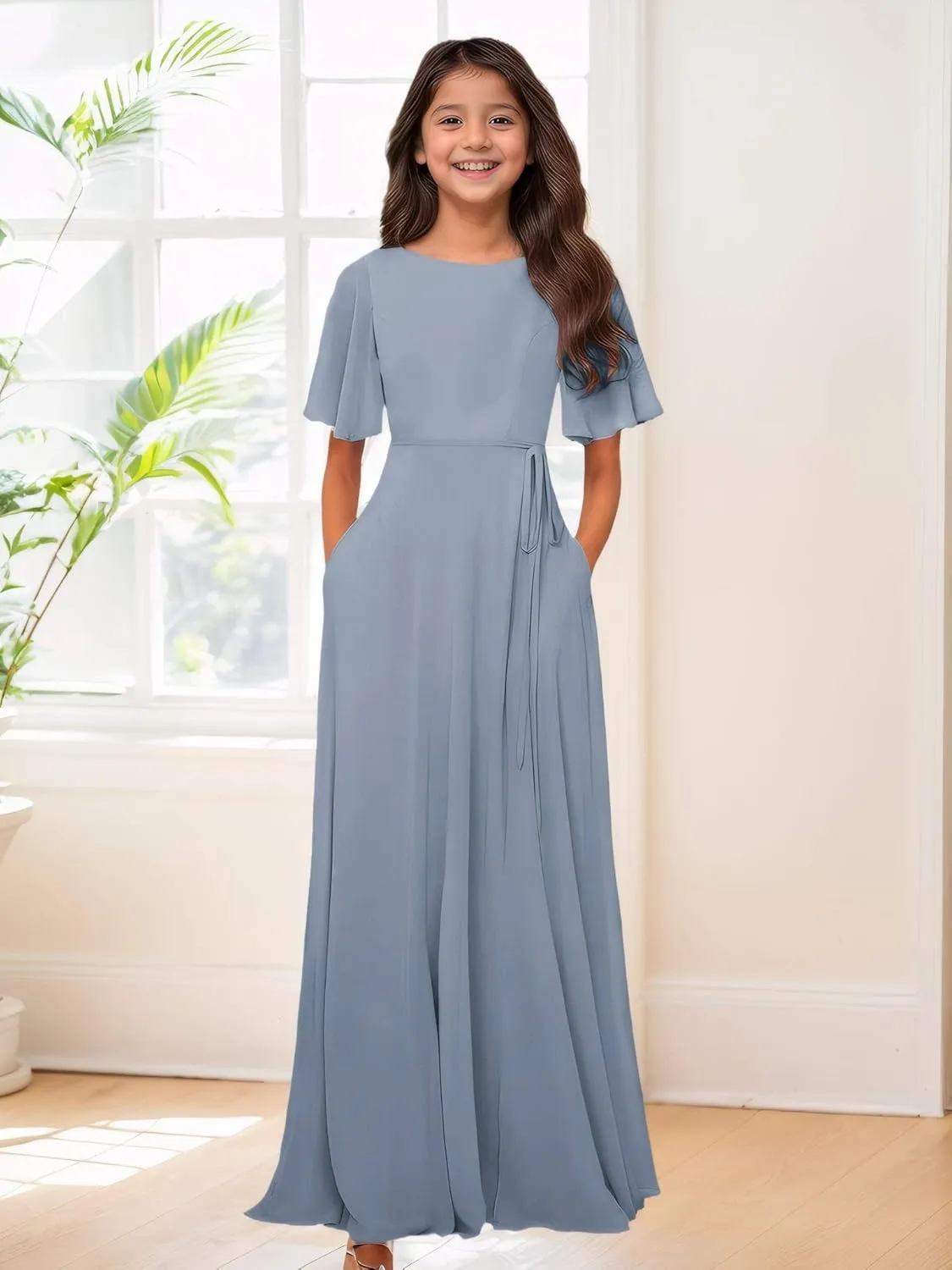 MAGGCIF Chiffon Junior Bridesmaid Dresses with Pockets A-Line Short Sleeve Flower Girl Dresses Party Pageant Gowns