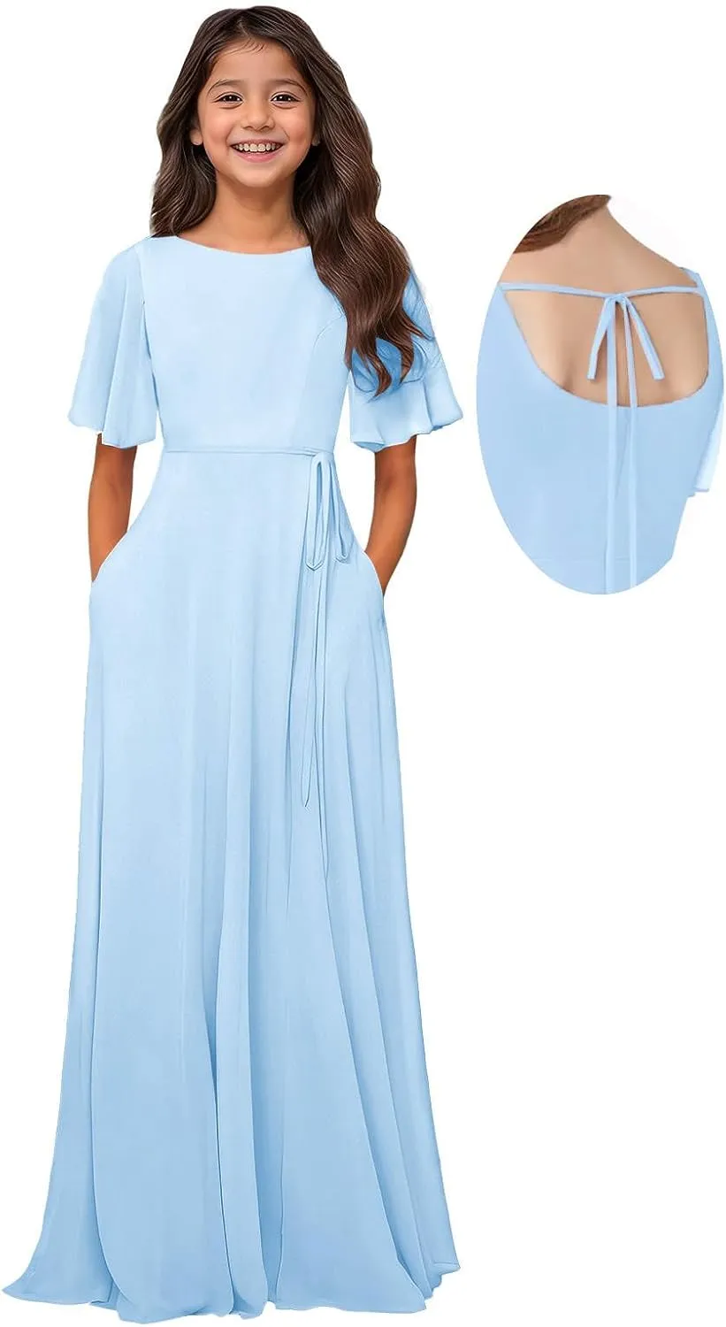 MAGGCIF Chiffon Junior Bridesmaid Dresses with Pockets A-Line Short Sleeve Flower Girl Dresses Party Pageant Gowns