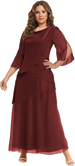 MAGGCIF Ruffle Chiffon Mother of The Bride Dresses for Women with 3/4 Sleeves A Line Long Evening Formal Dress