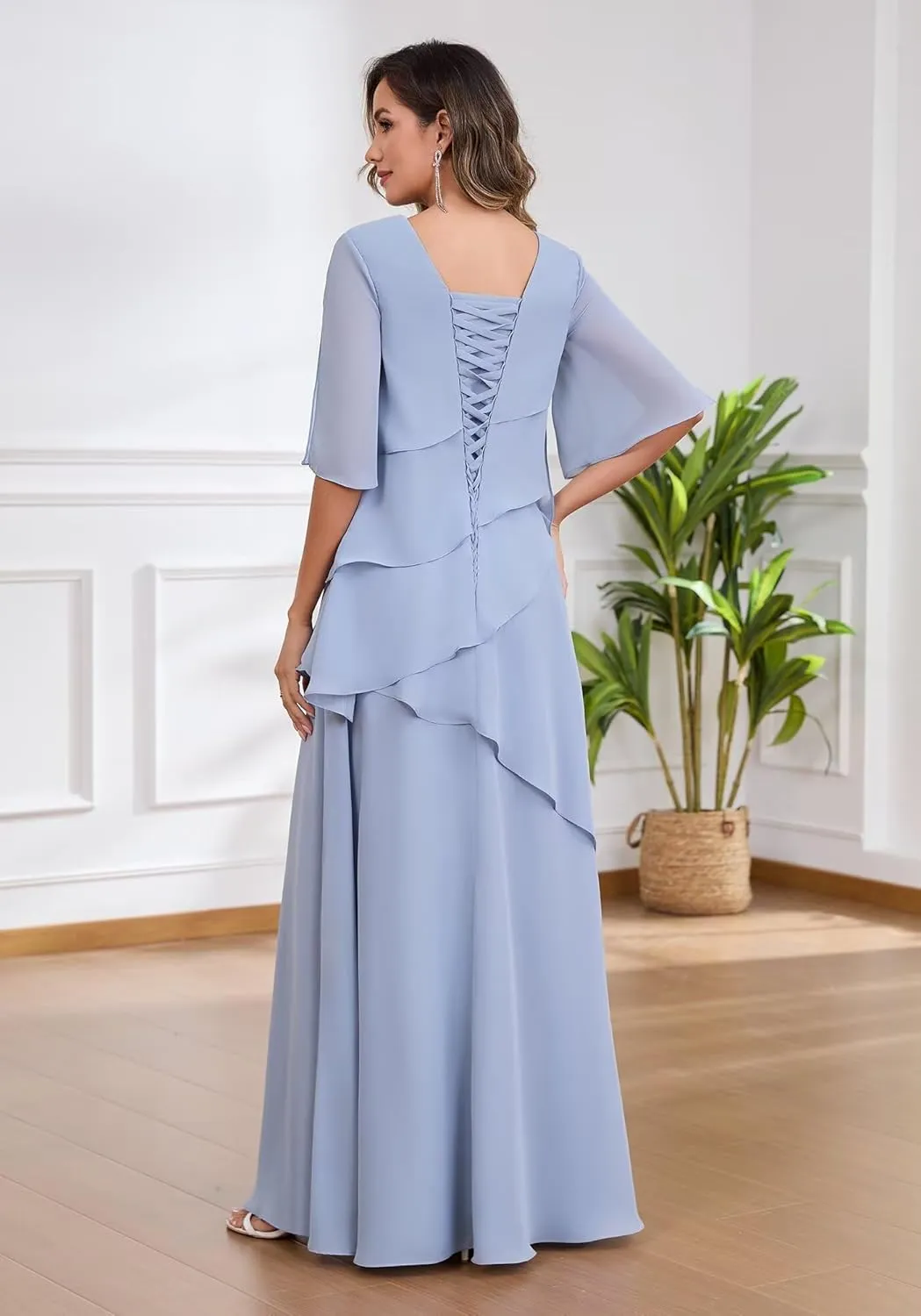 MAGGCIF Ruffle Chiffon Mother of The Bride Dresses for Women with 3/4 Sleeves A Line Long Evening Formal Dress