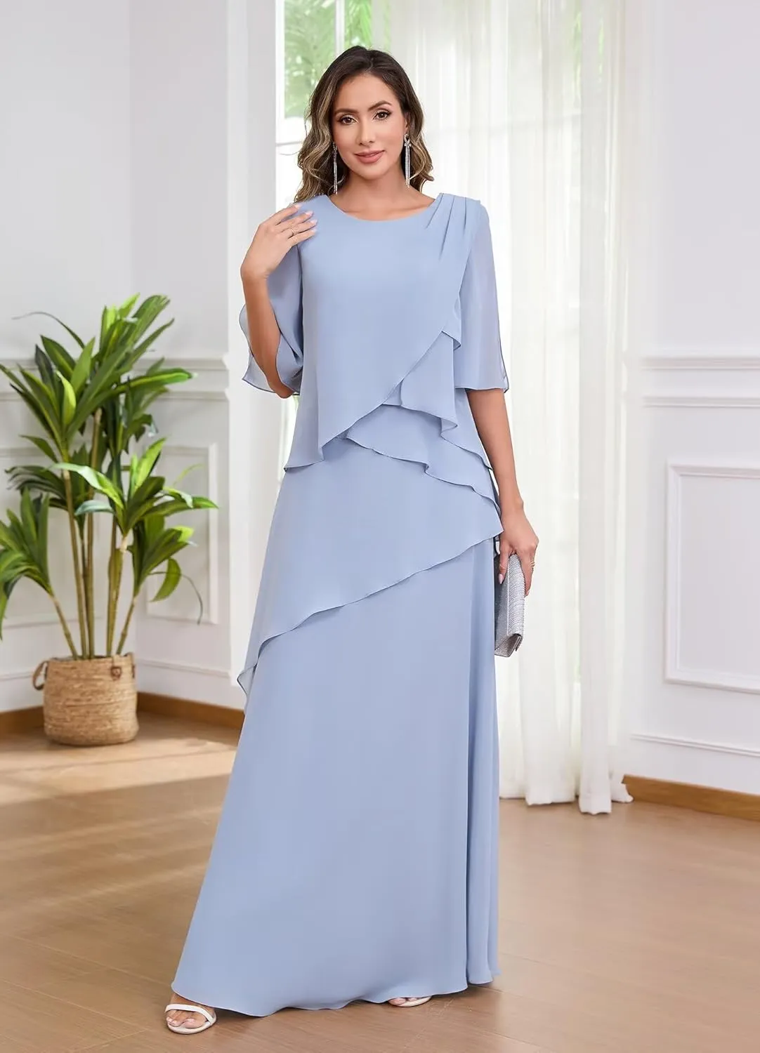 MAGGCIF Ruffle Chiffon Mother of The Bride Dresses for Women with 3/4 Sleeves A Line Long Evening Formal Dress