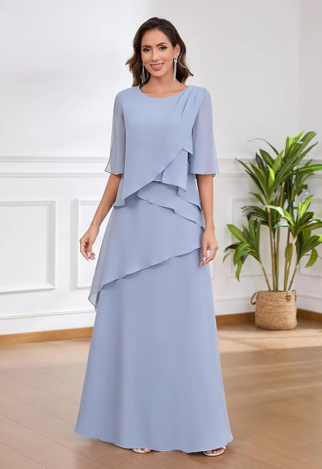 MAGGCIF Ruffle Chiffon Mother of The Bride Dresses for Women with 3/4 Sleeves A Line Long Evening Formal Dress
