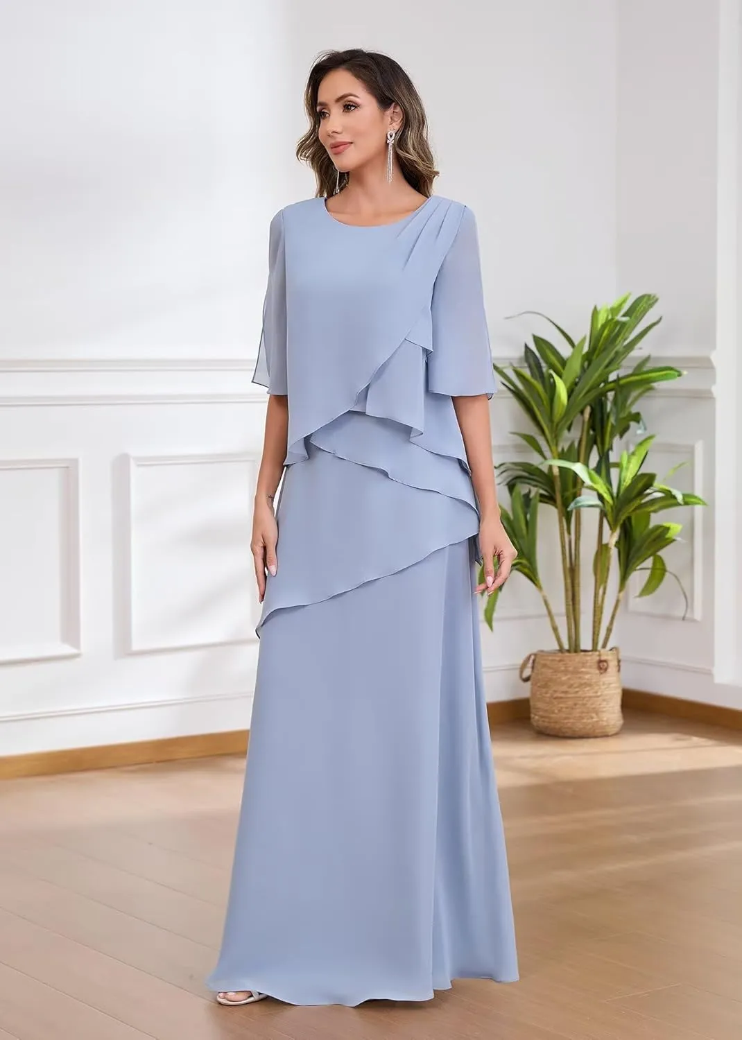 MAGGCIF Ruffle Chiffon Mother of The Bride Dresses for Women with 3/4 Sleeves A Line Long Evening Formal Dress