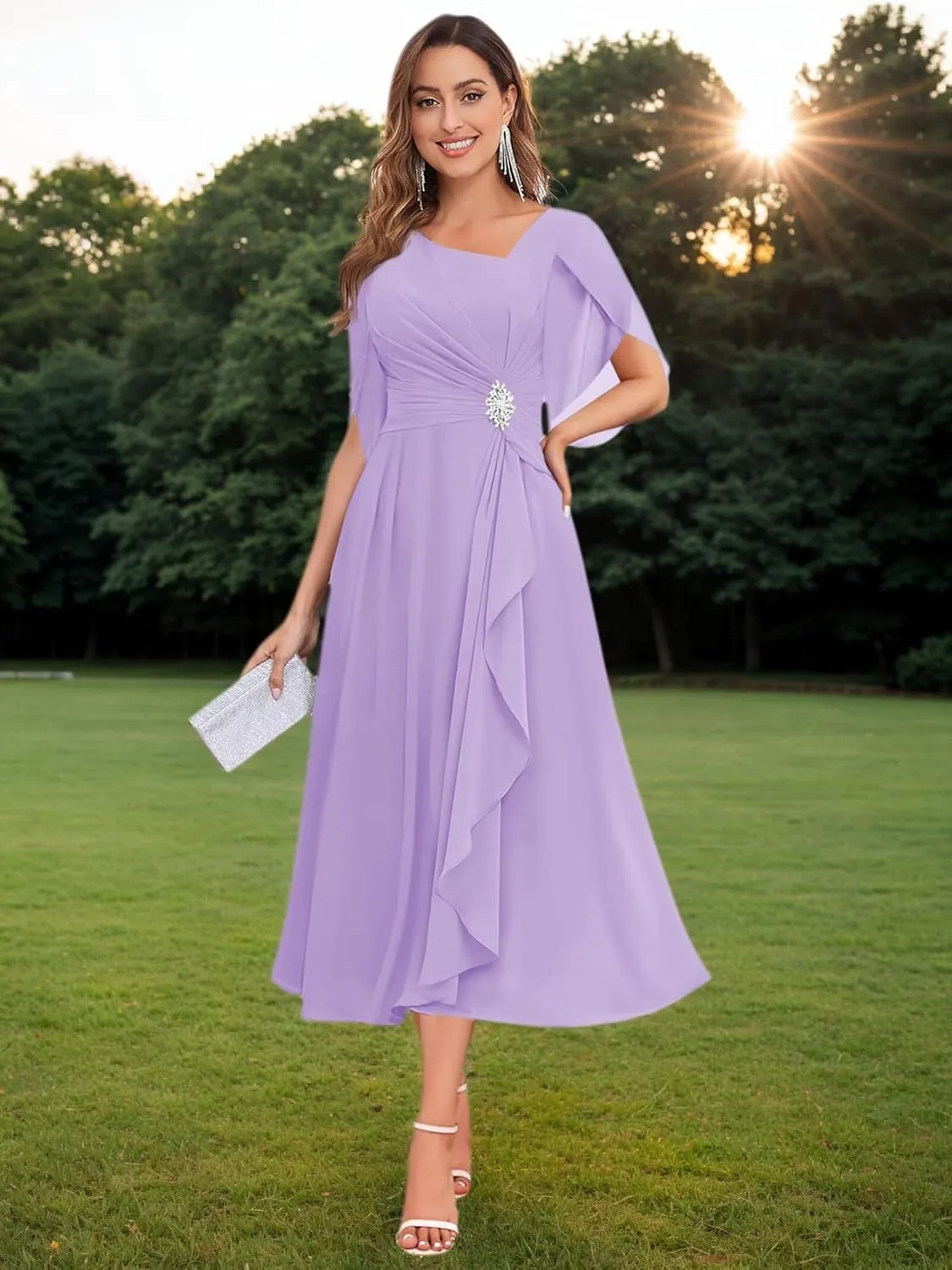 MAGGCIF Tea Length Mother of The Bride Dresses for Women with Sleeves Beaded Chiffon Ruffle A Line Evening Formal Dress