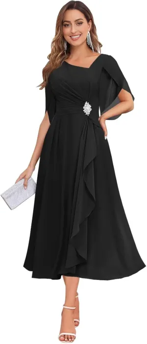 MAGGCIF Tea Length Mother of The Bride Dresses for Women with Sleeves Beaded Chiffon Ruffle A Line Evening Formal Dress