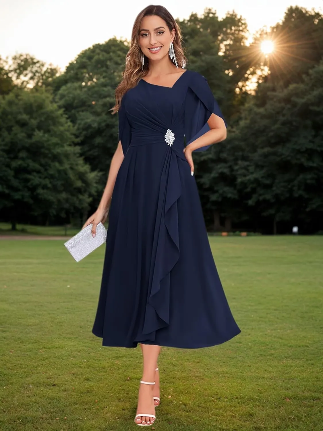 MAGGCIF Tea Length Mother of The Bride Dresses for Women with Sleeves Beaded Chiffon Ruffle A Line Evening Formal Dress