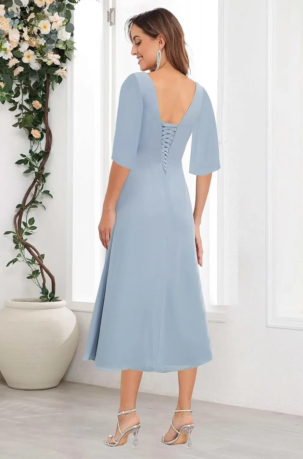 MAGGCIF Tea Length Mother of The Bride Dresses for Women with Sleeves Beaded Chiffon Ruffle A Line Evening Formal Dress