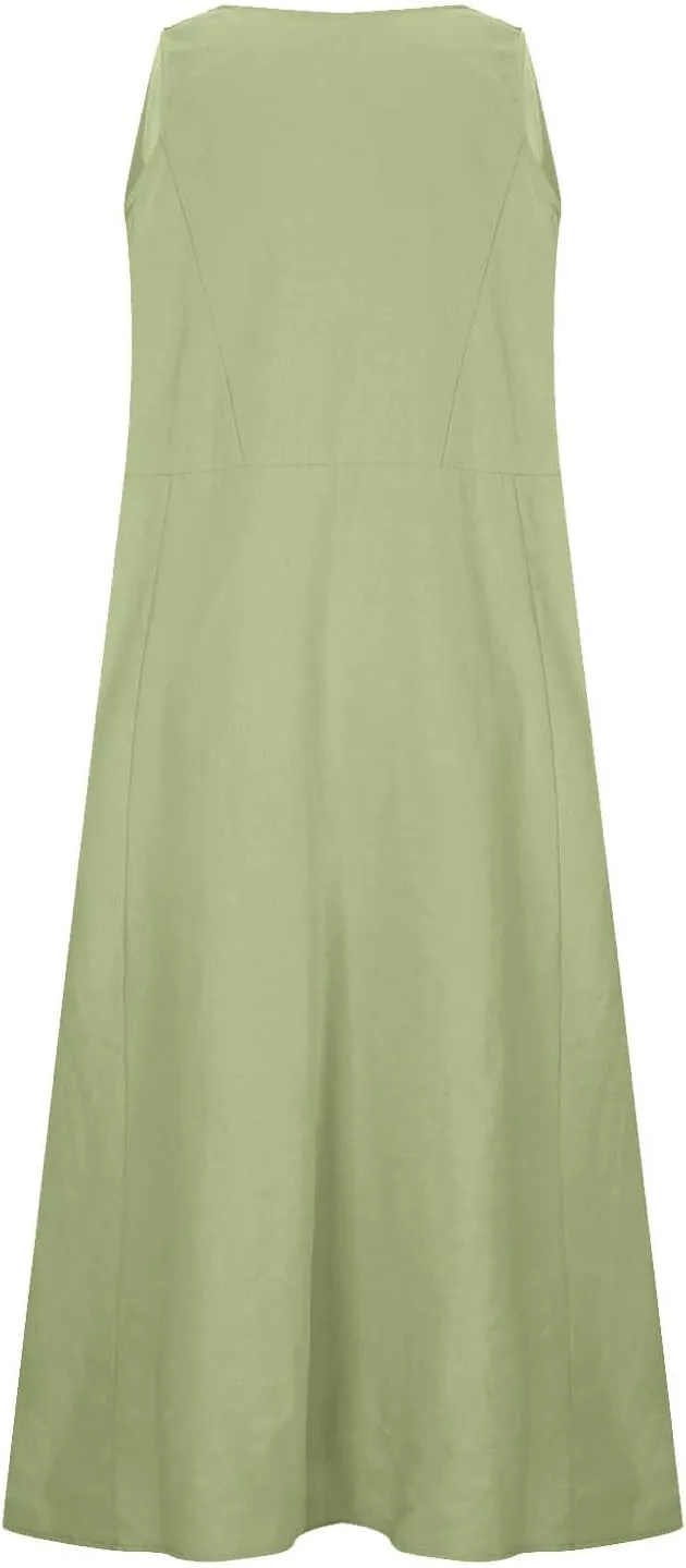Maxi Dresses for Women 2025 Casual Loose Linen Dress Long Flowy V Neck Sleeveless Summer Dress Beach Sundresses
