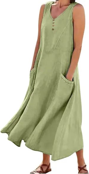 Maxi Dresses for Women 2025 Casual Loose Linen Dress Long Flowy V Neck Sleeveless Summer Dress Beach Sundresses