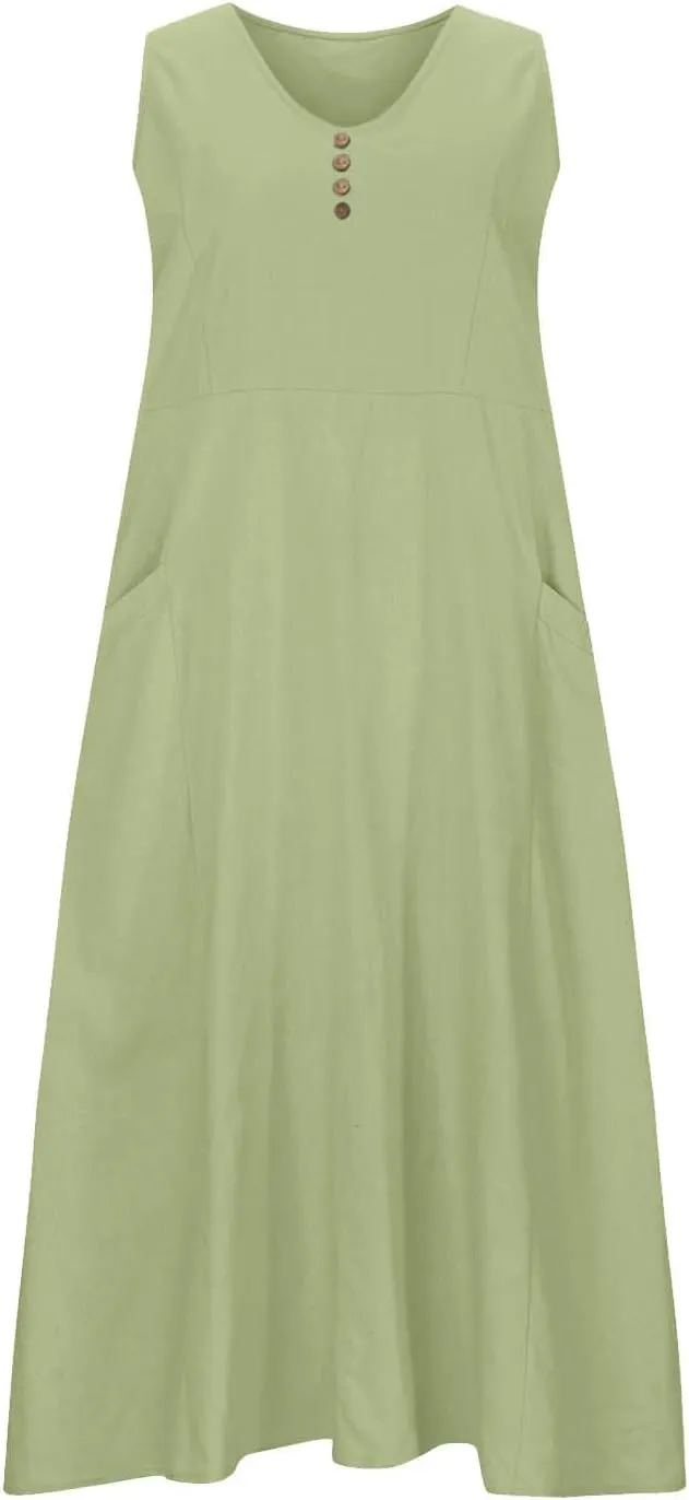 Maxi Dresses for Women 2025 Casual Loose Linen Dress Long Flowy V Neck Sleeveless Summer Dress Beach Sundresses