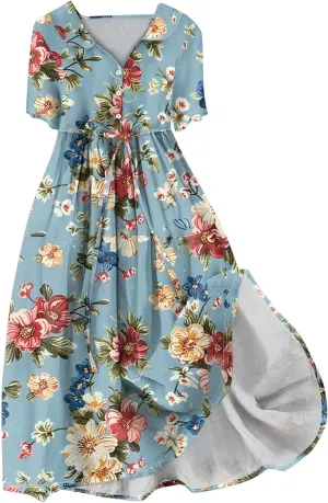 Maxi Dresses for Women 2025 Flowy Spring Summer Button Front Tie Swing Maxi Dress