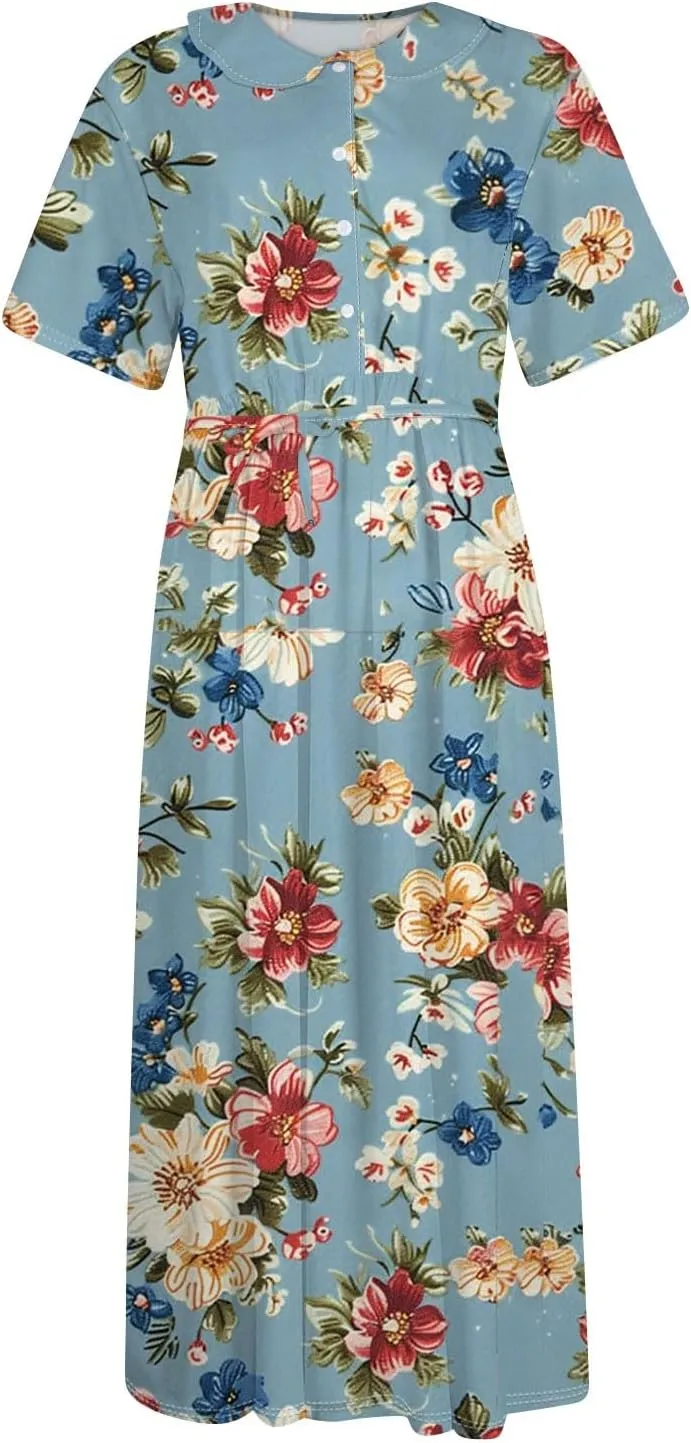 Maxi Dresses for Women 2025 Flowy Spring Summer Button Front Tie Swing Maxi Dress