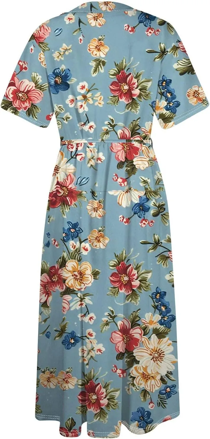 Maxi Dresses for Women 2025 Flowy Spring Summer Button Front Tie Swing Maxi Dress
