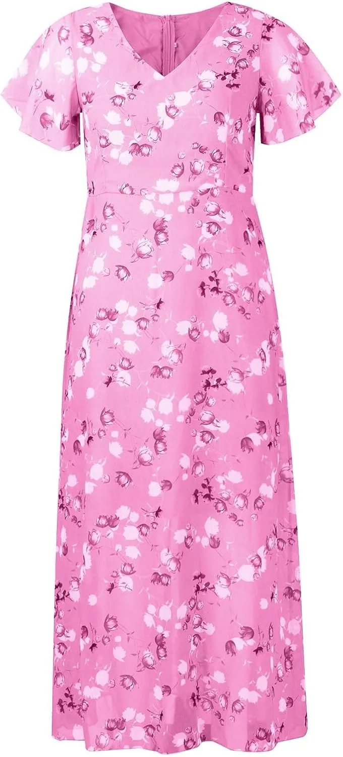 Maxi Dresses for Women 2025 Short Sleeve V Neck Floral Print Chiffon Sundress Spring Summer Casual Prom Beach Clothes