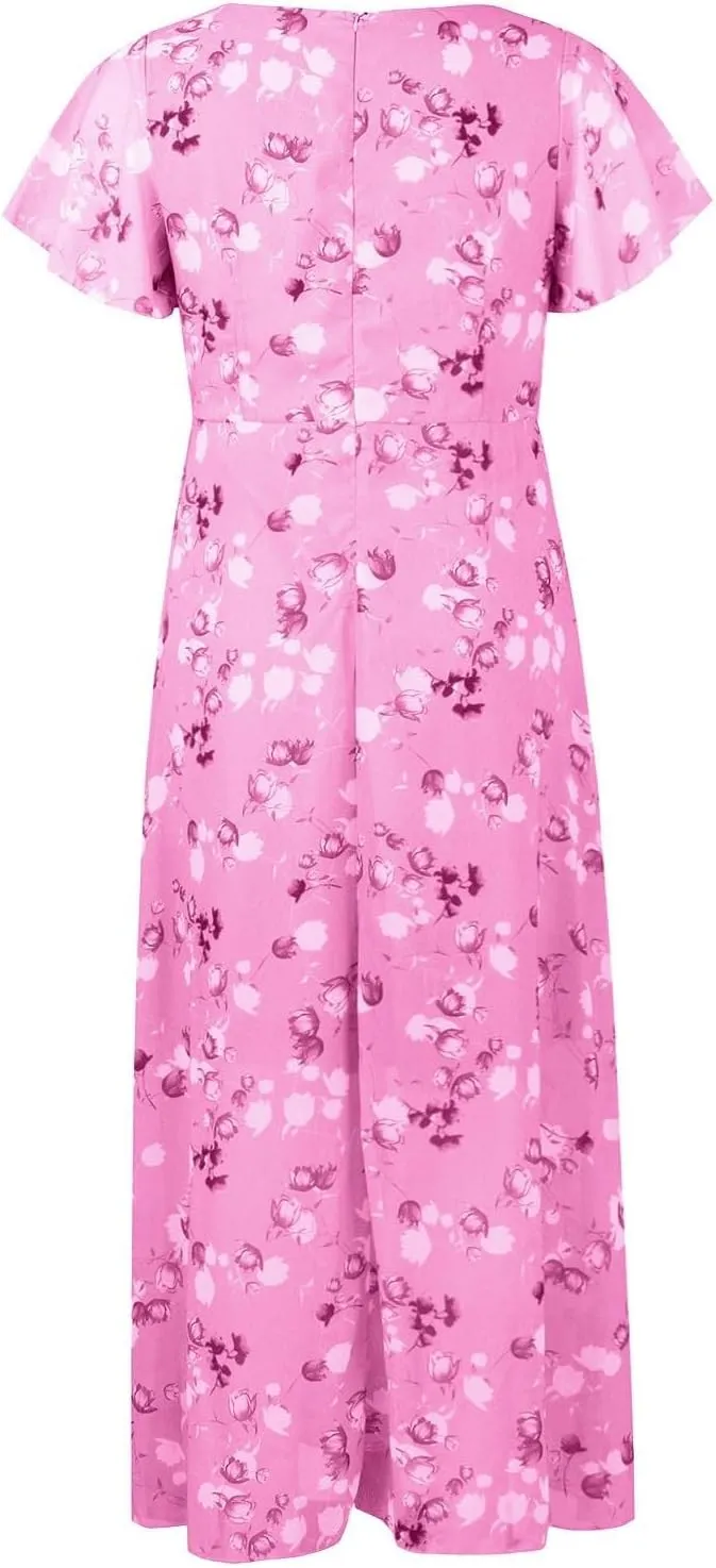 Maxi Dresses for Women 2025 Short Sleeve V Neck Floral Print Chiffon Sundress Spring Summer Casual Prom Beach Clothes