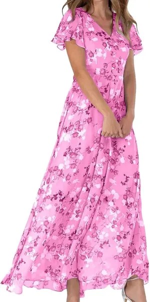 Maxi Dresses for Women 2025 Short Sleeve V Neck Floral Print Chiffon Sundress Spring Summer Casual Prom Beach Clothes