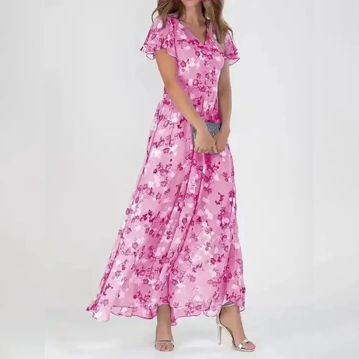 Maxi Dresses for Women 2025 Short Sleeve V Neck Floral Print Chiffon Sundress Spring Summer Casual Prom Beach Clothes