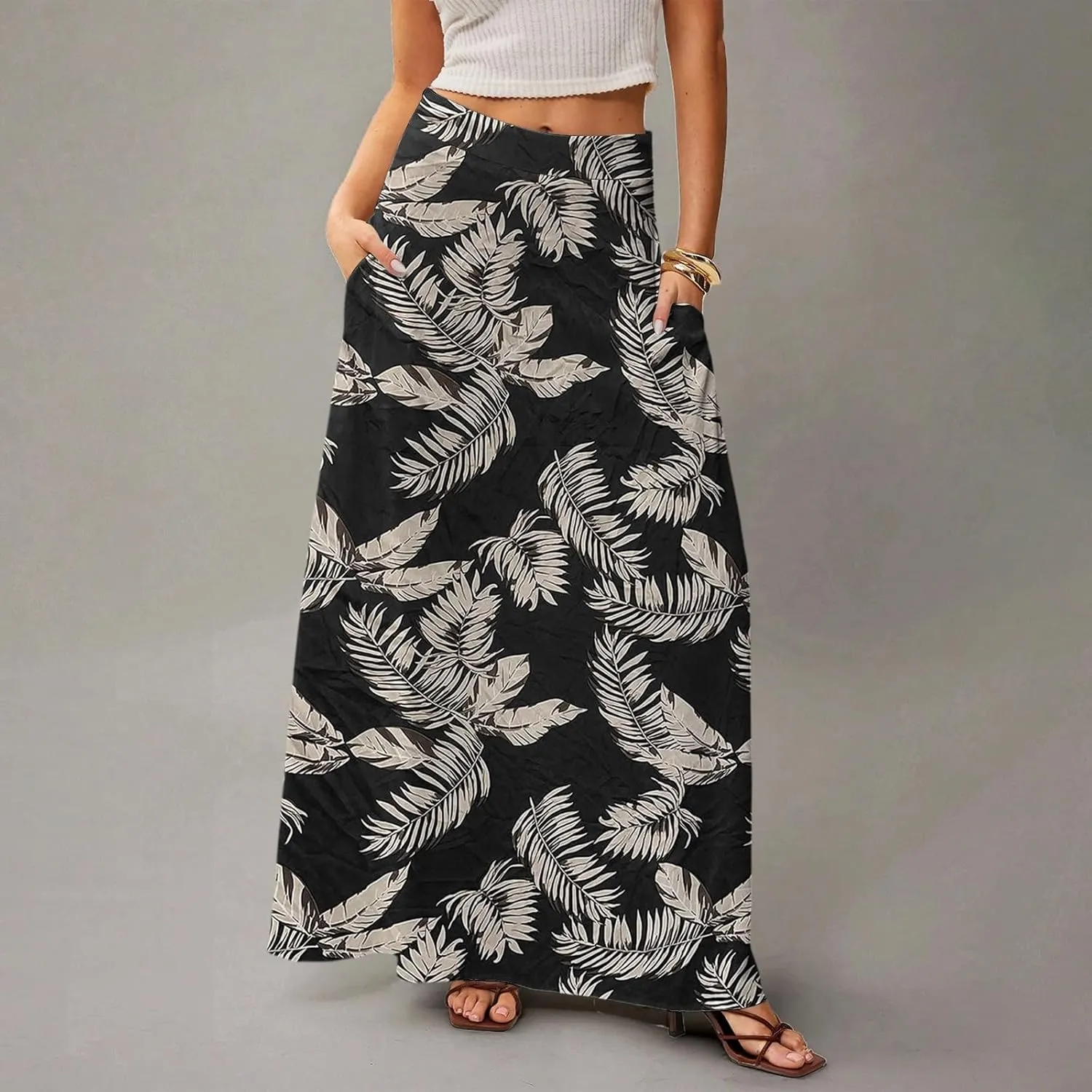 Maxi Floral Skirts for Women Trendy Summer Boho High Elastic Waist Skirts Long Flowy Skorts with Pockets A Line Skirt