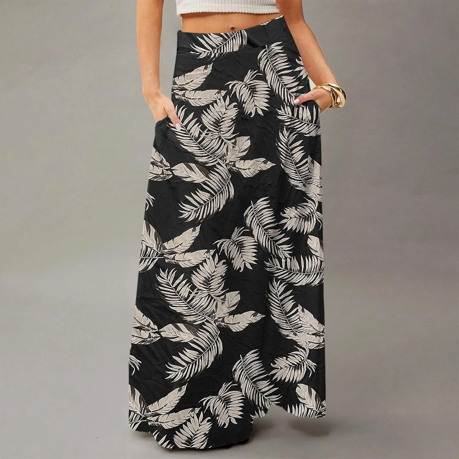 Maxi Floral Skirts for Women Trendy Summer Boho High Elastic Waist Skirts Long Flowy Skorts with Pockets A Line Skirt