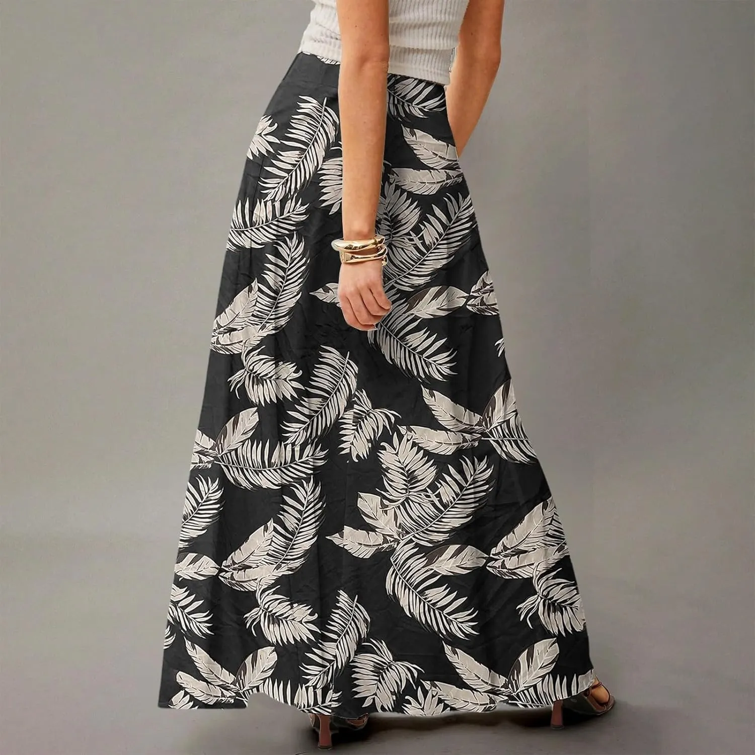 Maxi Floral Skirts for Women Trendy Summer Boho High Elastic Waist Skirts Long Flowy Skorts with Pockets A Line Skirt
