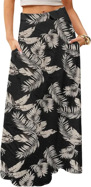 Maxi Floral Skirts for Women Trendy Summer Boho High Elastic Waist Skirts Long Flowy Skorts with Pockets A Line Skirt
