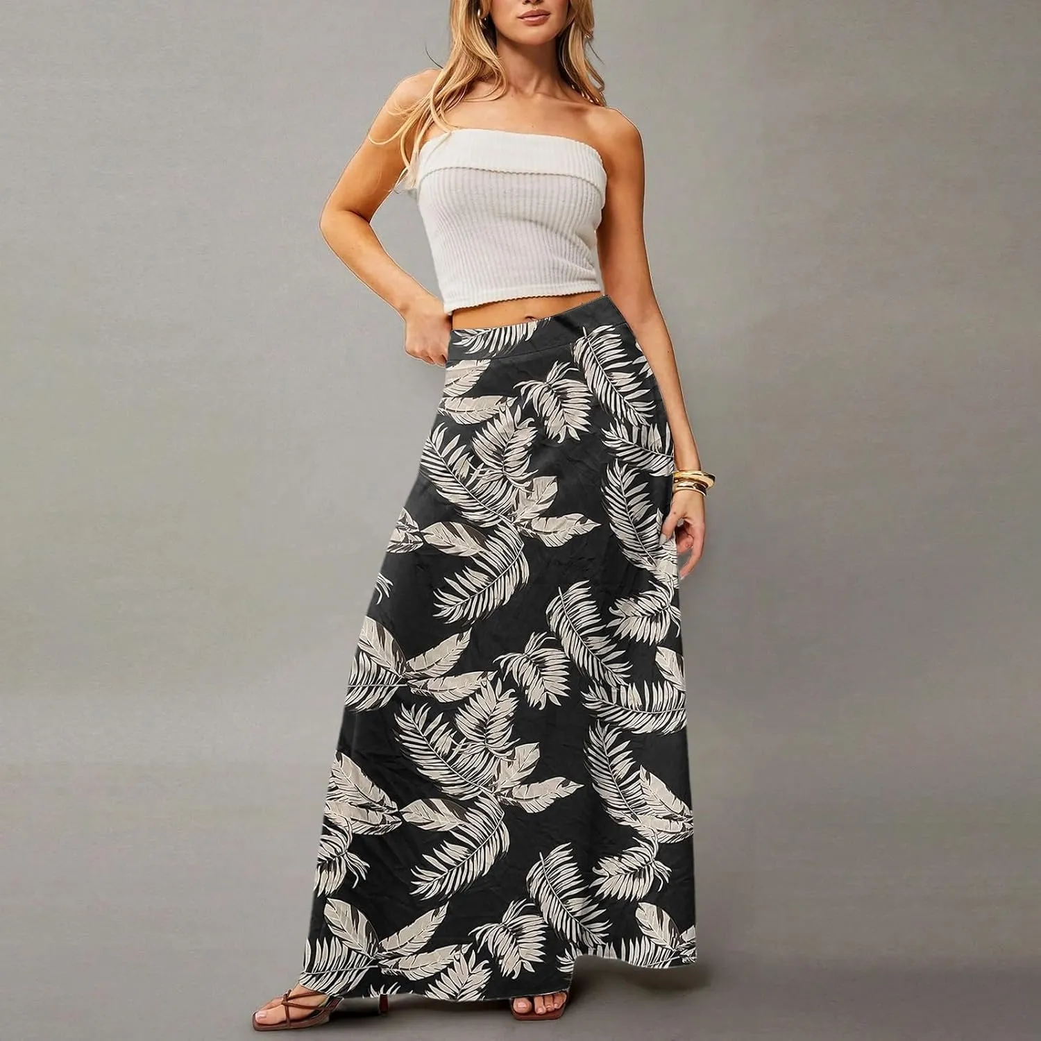 Maxi Floral Skirts for Women Trendy Summer Boho High Elastic Waist Skirts Long Flowy Skorts with Pockets A Line Skirt