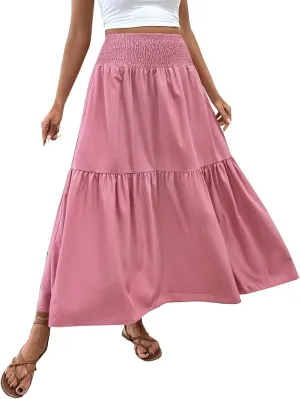Maxi Skirt for Women Summer Casual Elastic High Waist Pleated A Line Flowy Swing Tiered Beach Vacation Skirts