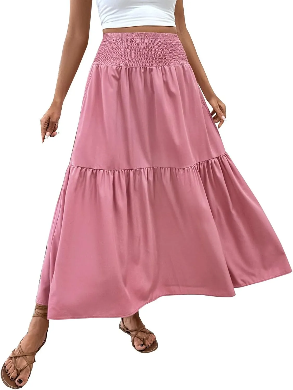 Maxi Skirt for Women Summer Casual Elastic High Waist Pleated A Line Flowy Swing Tiered Beach Vacation Skirts