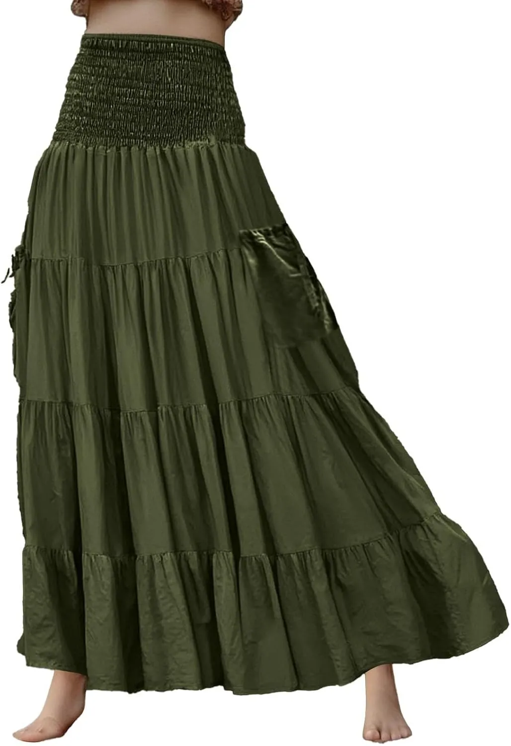 Maxi Skirts for Women 2025 Summer Boho Flowy Swing Tiered A-Line Elastic High Waist Pleated Long Skirt with Pockets
