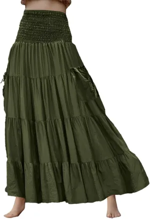 Maxi Skirts for Women 2025 Summer Boho Flowy Swing Tiered A-Line Elastic High Waist Pleated Long Skirt with Pockets