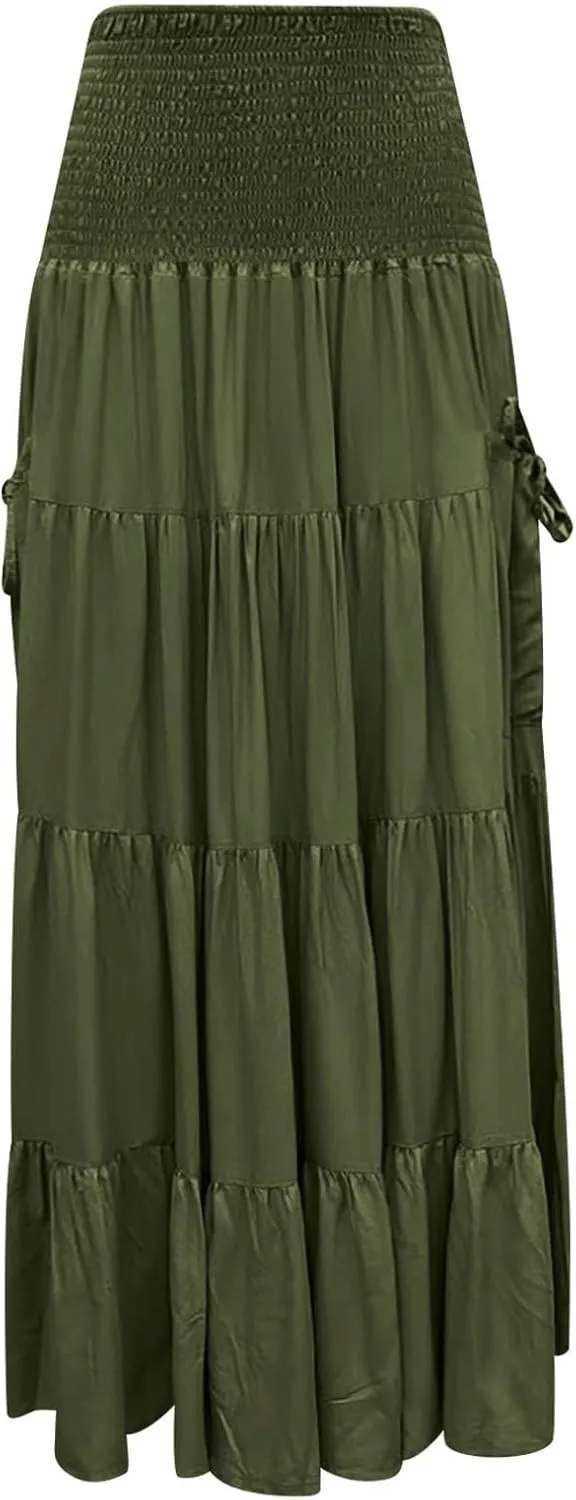 Maxi Skirts for Women 2025 Summer Boho Flowy Swing Tiered A-Line Elastic High Waist Pleated Long Skirt with Pockets