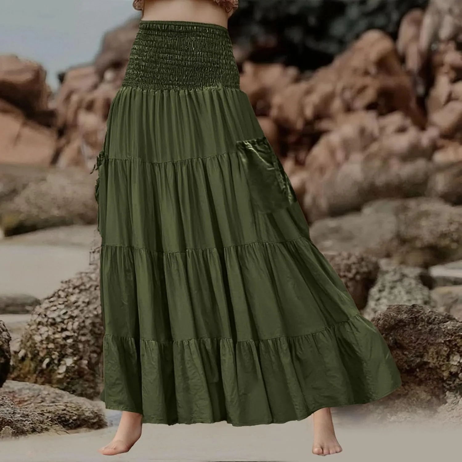 Maxi Skirts for Women 2025 Summer Boho Flowy Swing Tiered A-Line Elastic High Waist Pleated Long Skirt with Pockets