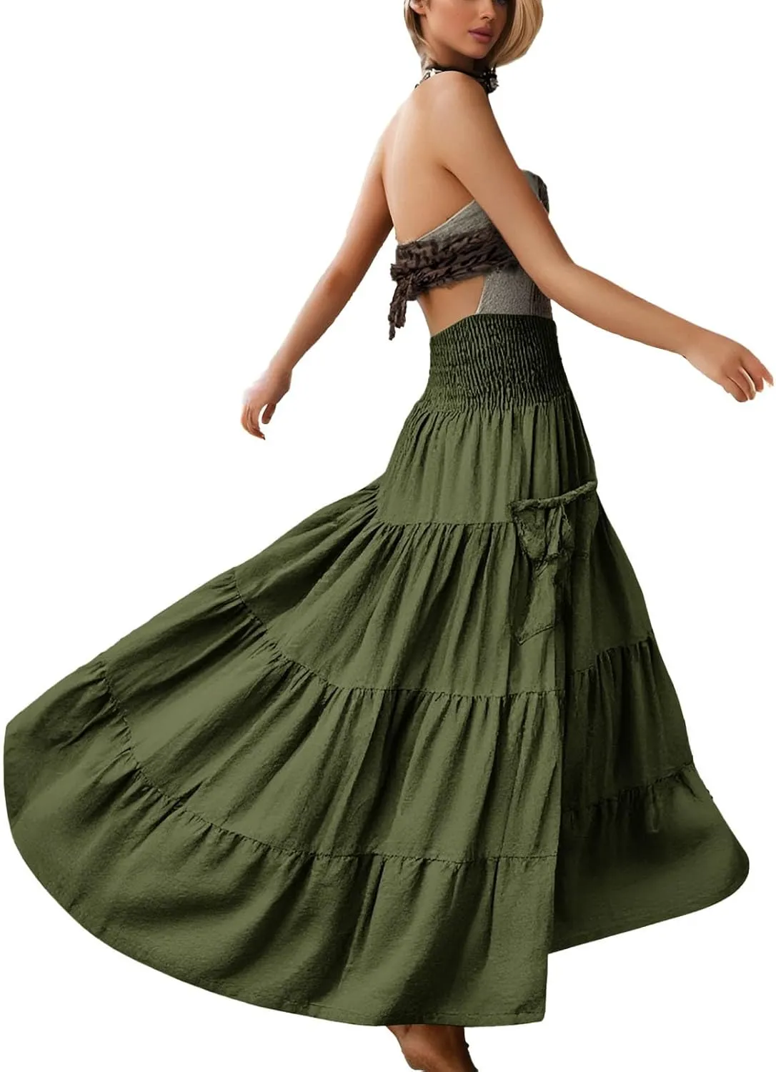Maxi Skirts for Women 2025 Summer Boho Flowy Swing Tiered A-Line Elastic High Waist Pleated Long Skirt with Pockets