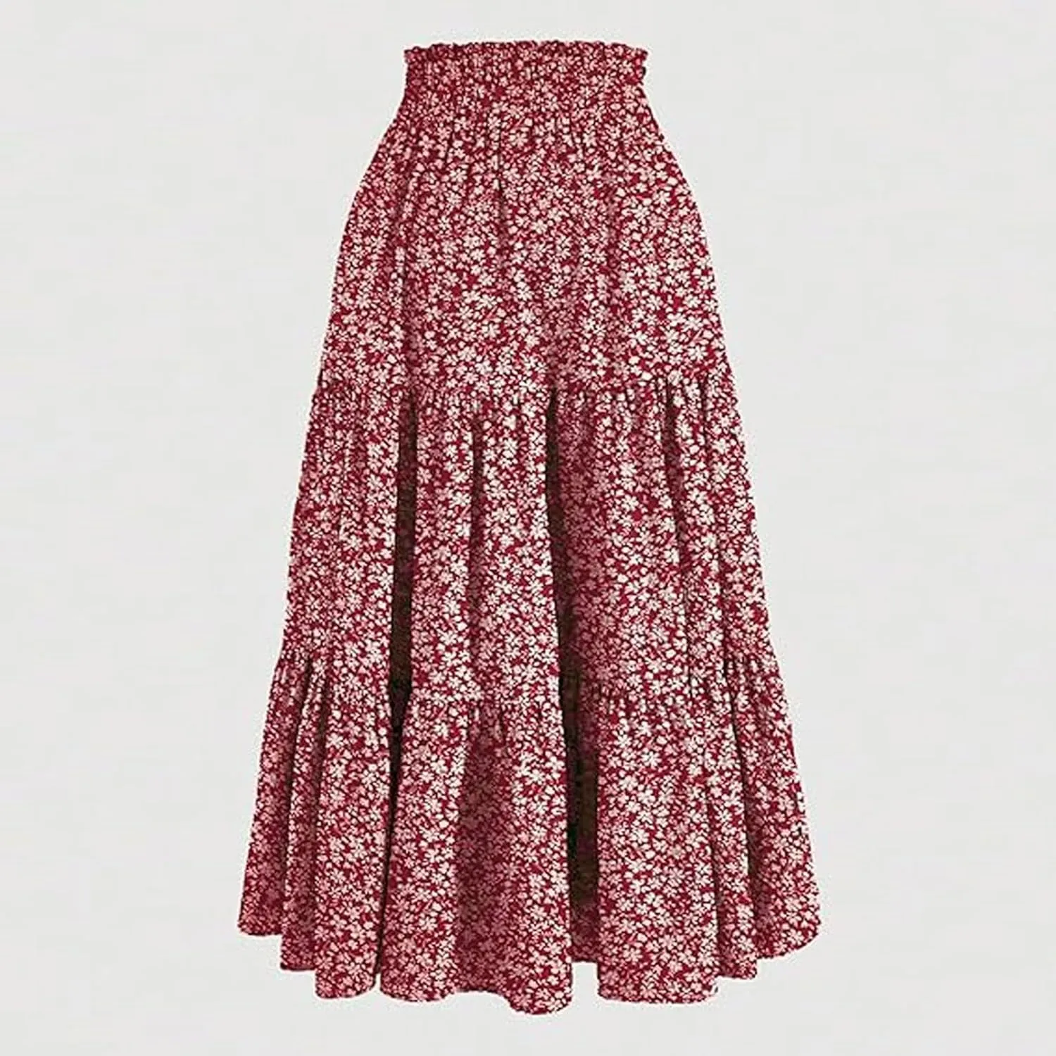 Maxi Skirts for Women Boho Floral Print Tiered Flowy Skirt Vacation Elastic Drawstring Waist A Line Pleated Skirt