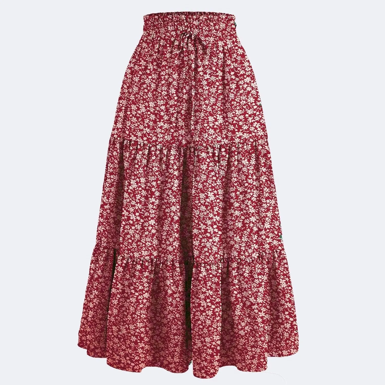 Maxi Skirts for Women Boho Floral Print Tiered Flowy Skirt Vacation Elastic Drawstring Waist A Line Pleated Skirt
