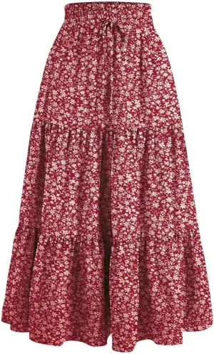 Maxi Skirts for Women Boho Floral Print Tiered Flowy Skirt Vacation Elastic Drawstring Waist A Line Pleated Skirt