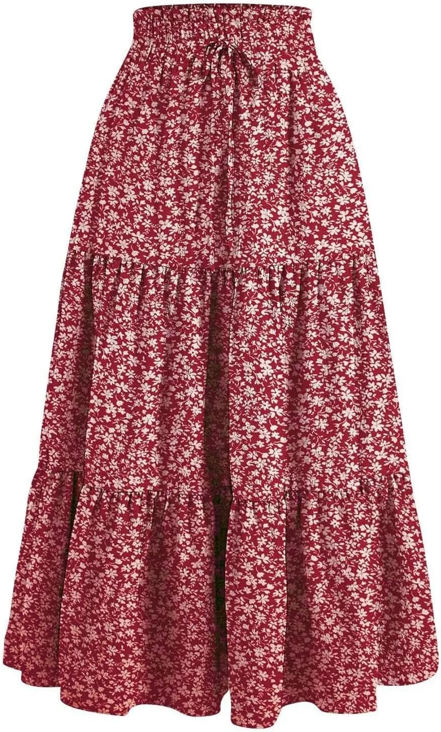 Maxi Skirts for Women Boho Floral Print Tiered Flowy Skirt Vacation Elastic Drawstring Waist A Line Pleated Skirt
