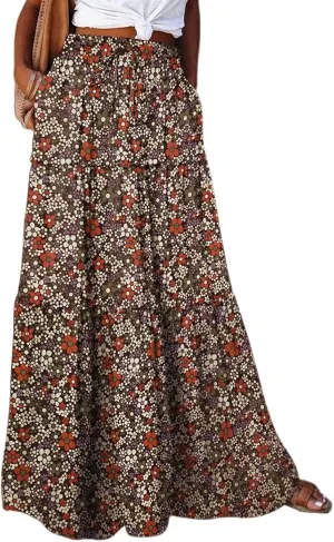 Maxi Skirts for Women Boho Floral Tiered Skirt with Pocket 2025 Summer Elastic Waist Vacation A-Line Long Skirts