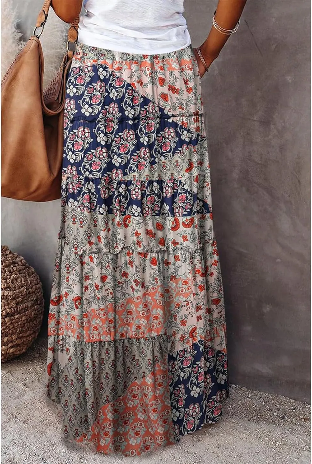 Maxi Skirts for Women Summer Floral Elastic High Waist Drawstring Tropical Skirts Pleated A-Line Tiered Long Skirt