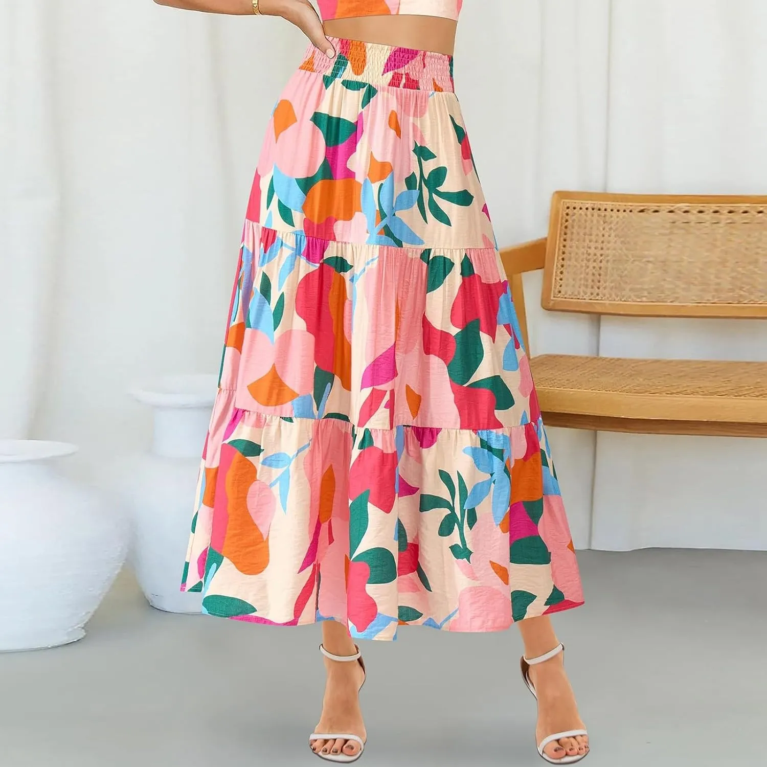 Maxi Skirts for Women Trendy High Waisted Tiered Boho Long Floral Skirt Cute Ruffle Pleated Beach A Line Flowy Skirt