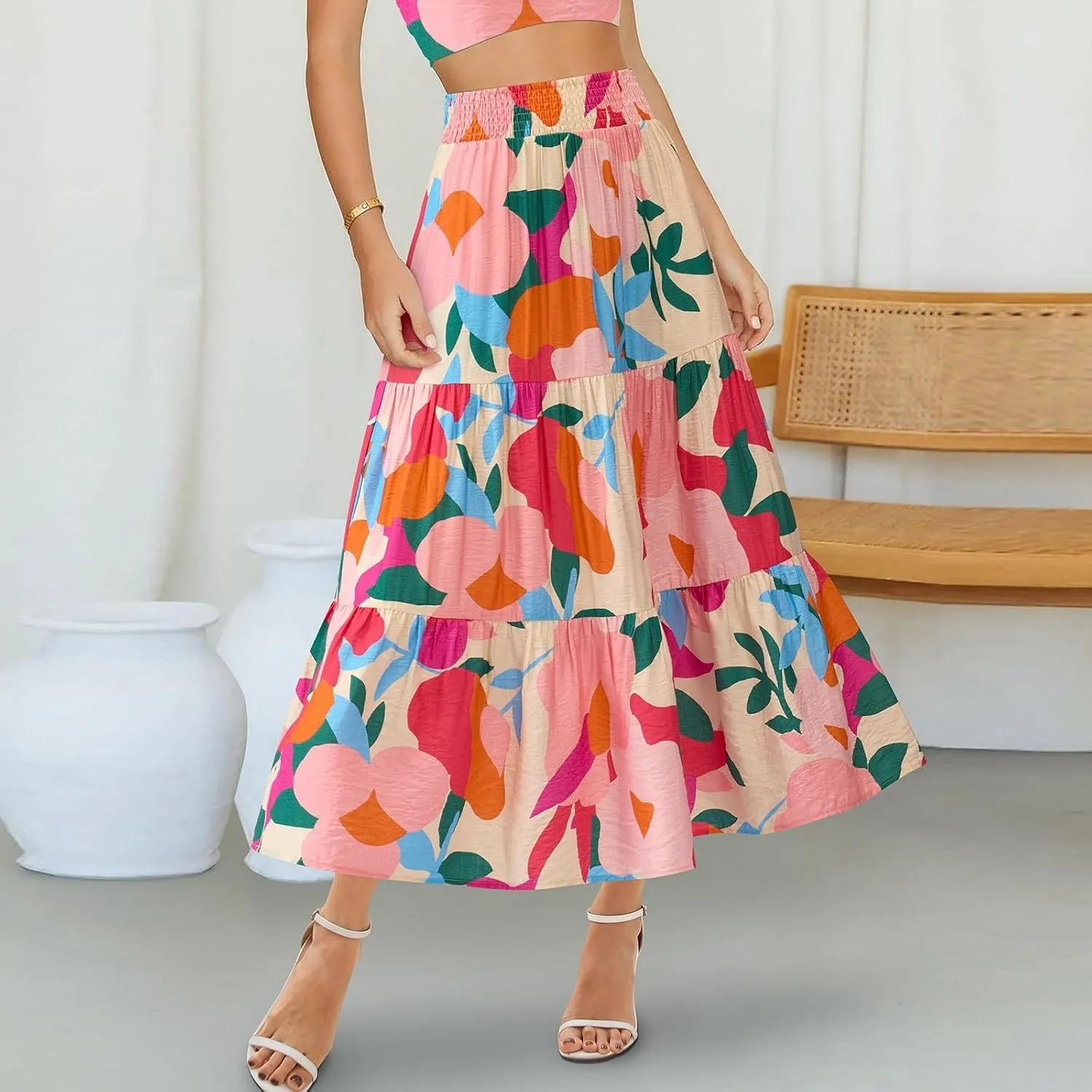 Maxi Skirts for Women Trendy High Waisted Tiered Boho Long Floral Skirt Cute Ruffle Pleated Beach A Line Flowy Skirt