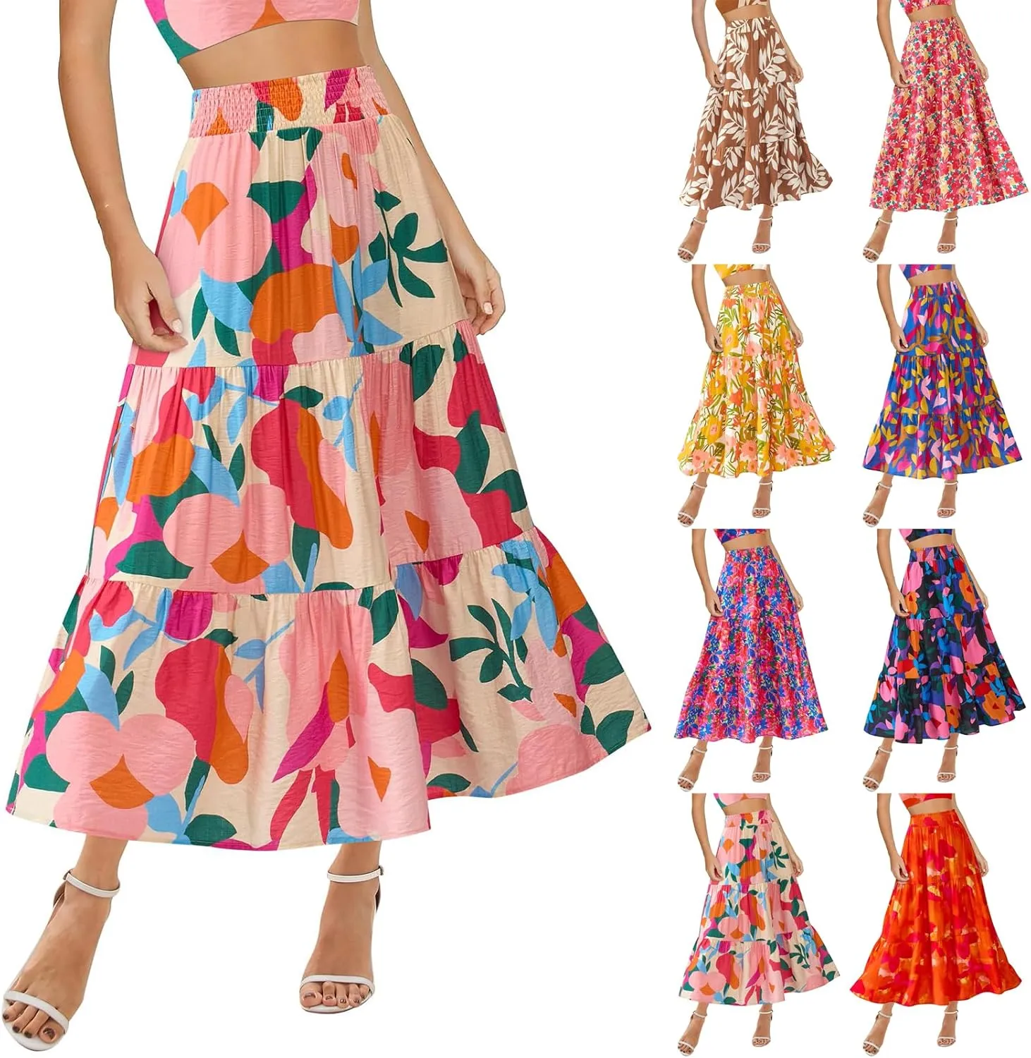Maxi Skirts for Women Trendy High Waisted Tiered Boho Long Floral Skirt Cute Ruffle Pleated Beach A Line Flowy Skirt