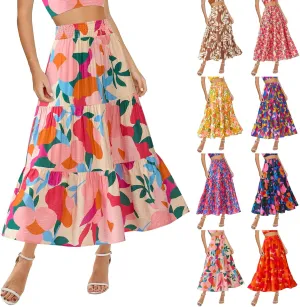 Maxi Skirts for Women Trendy High Waisted Tiered Boho Long Floral Skirt Cute Ruffle Pleated Beach A Line Flowy Skirt