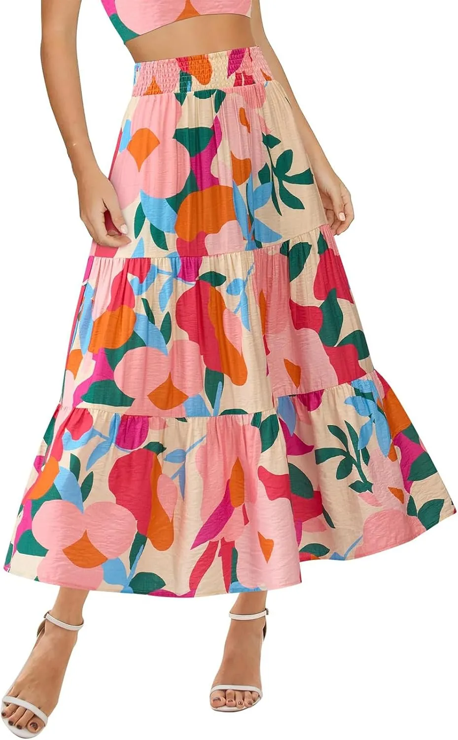 Maxi Skirts for Women Trendy High Waisted Tiered Boho Long Floral Skirt Cute Ruffle Pleated Beach A Line Flowy Skirt