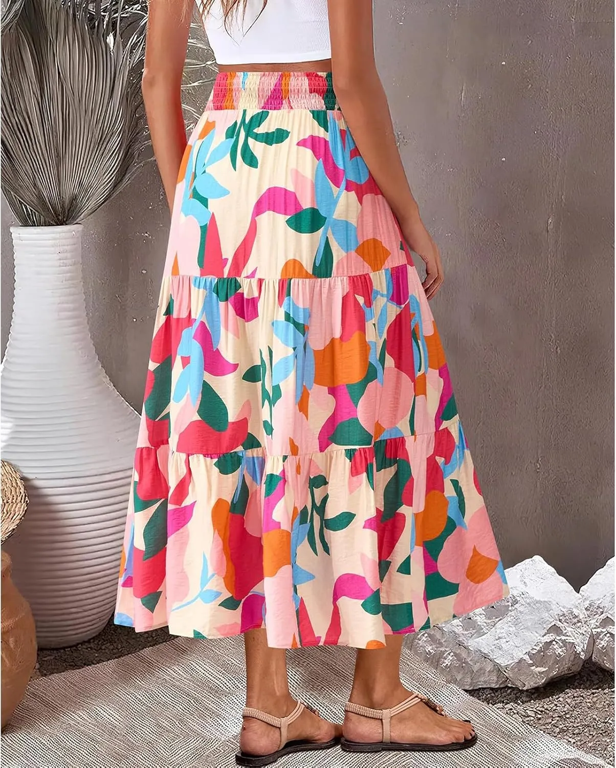 Maxi Skirts for Women Trendy High Waisted Tiered Boho Long Floral Skirt Cute Ruffle Pleated Beach A Line Flowy Skirt