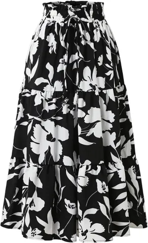 Maxi Skirt,Womens Boho Maxi Skirt with Pockets Elastic High Waisted Linen Summer Flowy Long Skirts for Women 2025
