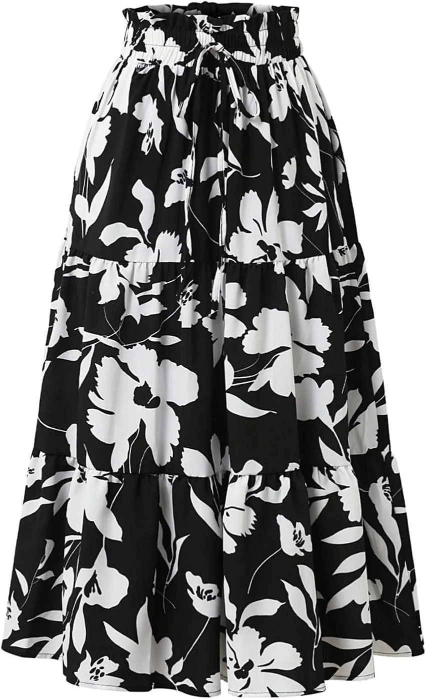Maxi Skirt,Womens Boho Maxi Skirt with Pockets Elastic High Waisted Linen Summer Flowy Long Skirts for Women 2025
