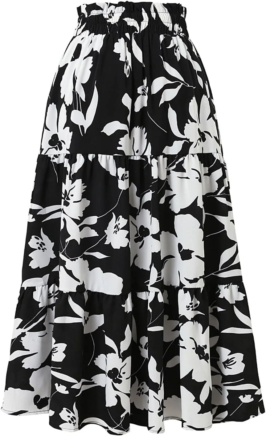 Maxi Skirt,Womens Boho Maxi Skirt with Pockets Elastic High Waisted Linen Summer Flowy Long Skirts for Women 2025